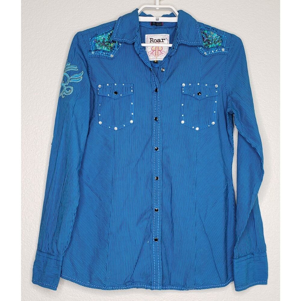 Roar Womens Western Top Size Medium Blue‎ Black Embellished Collared Button Down